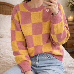 &merci Checker Knit Sweater Pullover L Oversized Pink Mustard Yellow Chunky Cozy